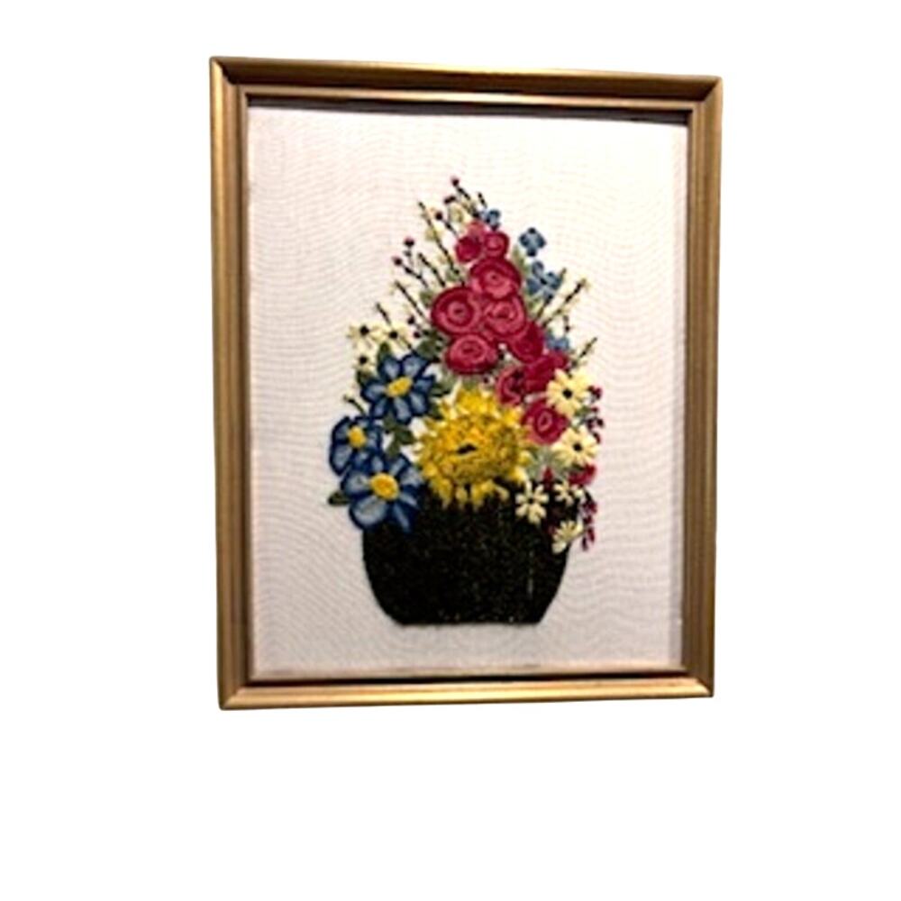 Vtg MCM Crewel‎ Framed Wall Art Large Needlepoint Embroidered Floral Multi-color